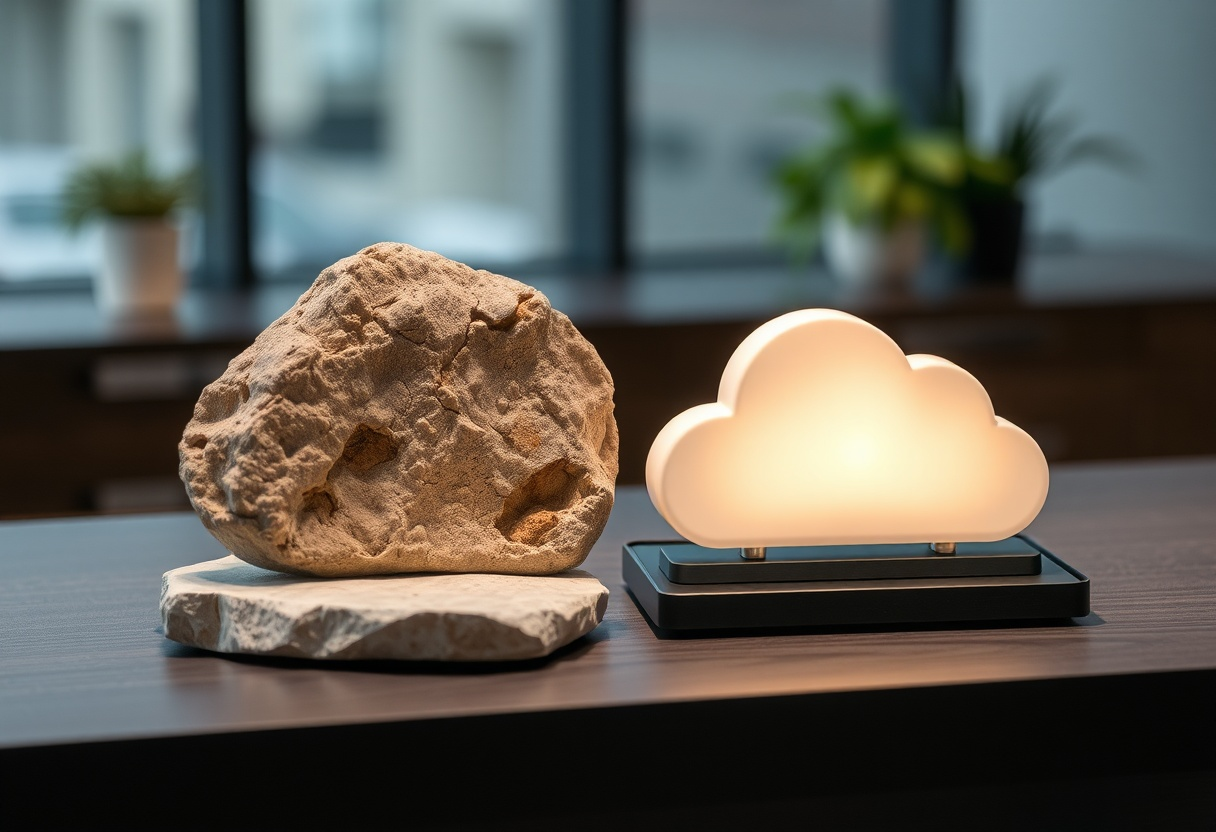 Analogie für die Hardware Telefonanlage in Form eines Steins und die Cloud Telefonanlage als leuchtende Wolke.